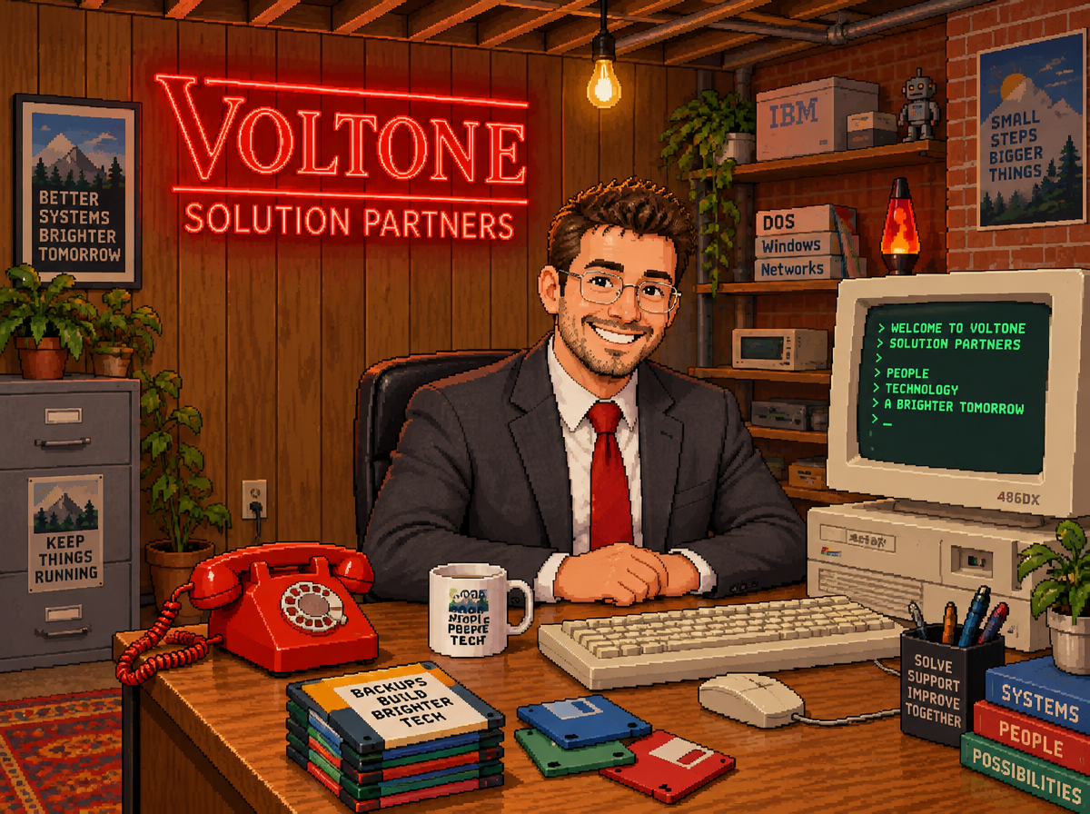 Pixel art of Ben smiling at a retro desk beneath a red VOLTONE neon sign