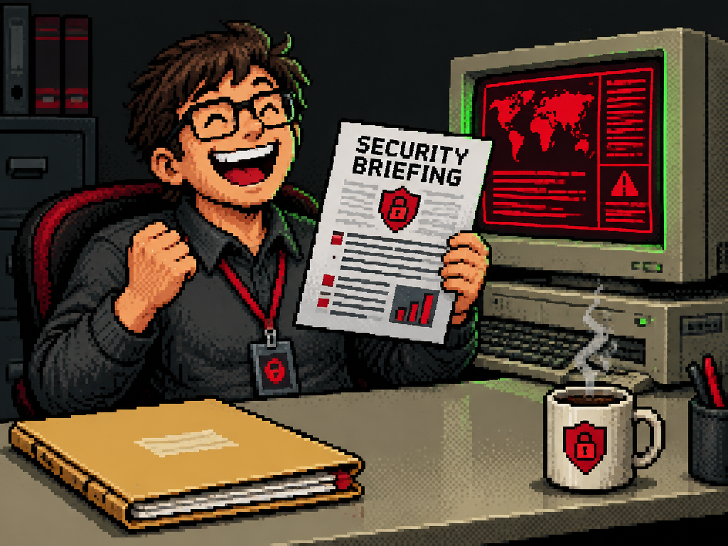 Pixel art of a cheerful security analyst holding up today's security briefing